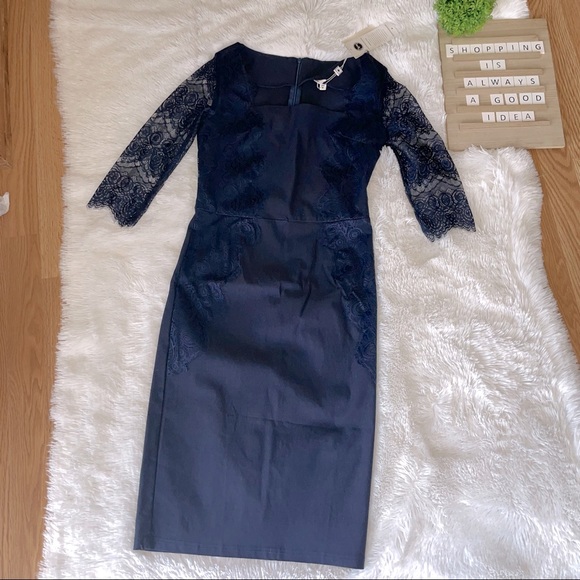 Missmay Retro Gorgeous City Stretchy Navy Blue Lace Bodycon Dress size medium* - Picture 3 of 15
